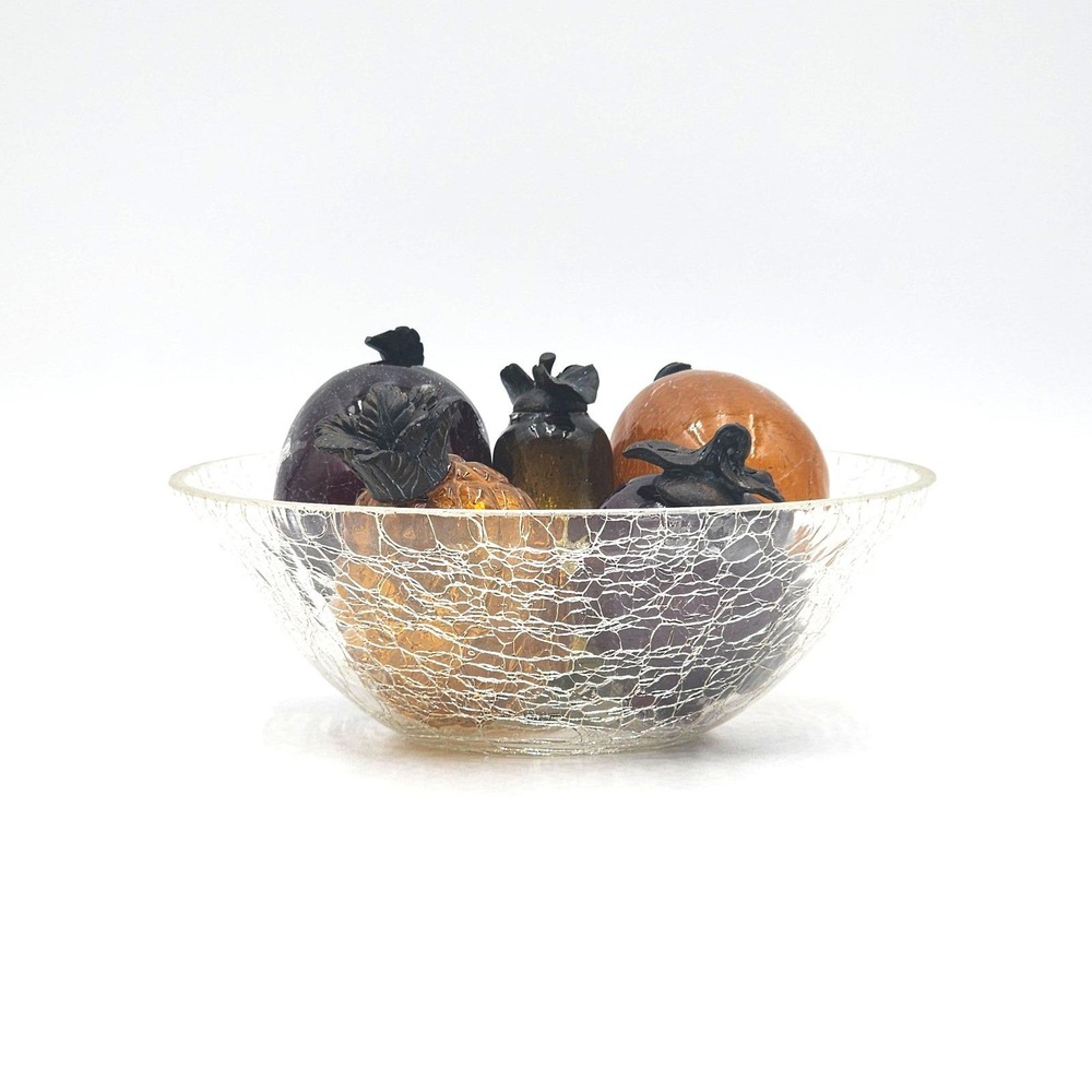 Vintage Crackle Glass Fruit Centerpiece 6 Piece Set Blenko Style Decor with Bowl